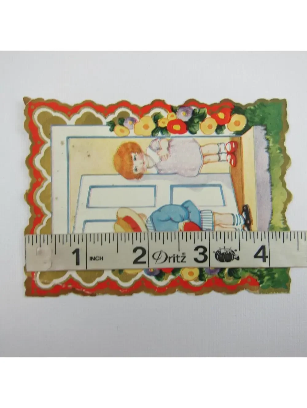 Vintage Valentine Card Die cut Bifold Redhead Girl Boy at Door Flowers Embossed